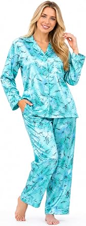 Up2date Fashion Womens Silky Satin Pajama Set Long Sleeve Button Down 2-Piece V-Neck PJs with Pants, Floral & Animal Prints