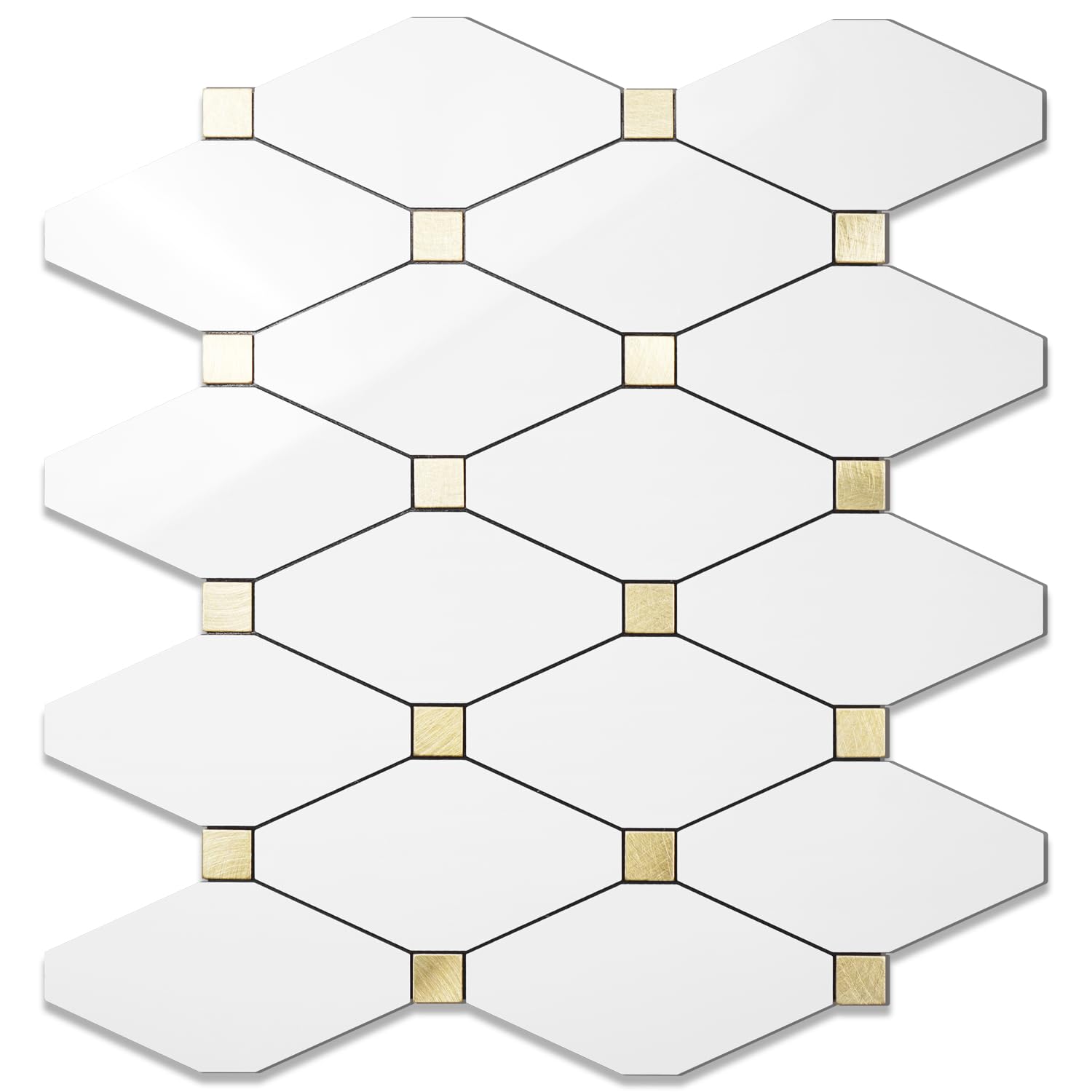 STICKGOO 1 Sheet Peel and Stick Backsplash, Glossy White PVC Mixed Metal Gold Kitchen Backsplash, Stick on Wall Tiles for Kitchen, Bathroom, RV