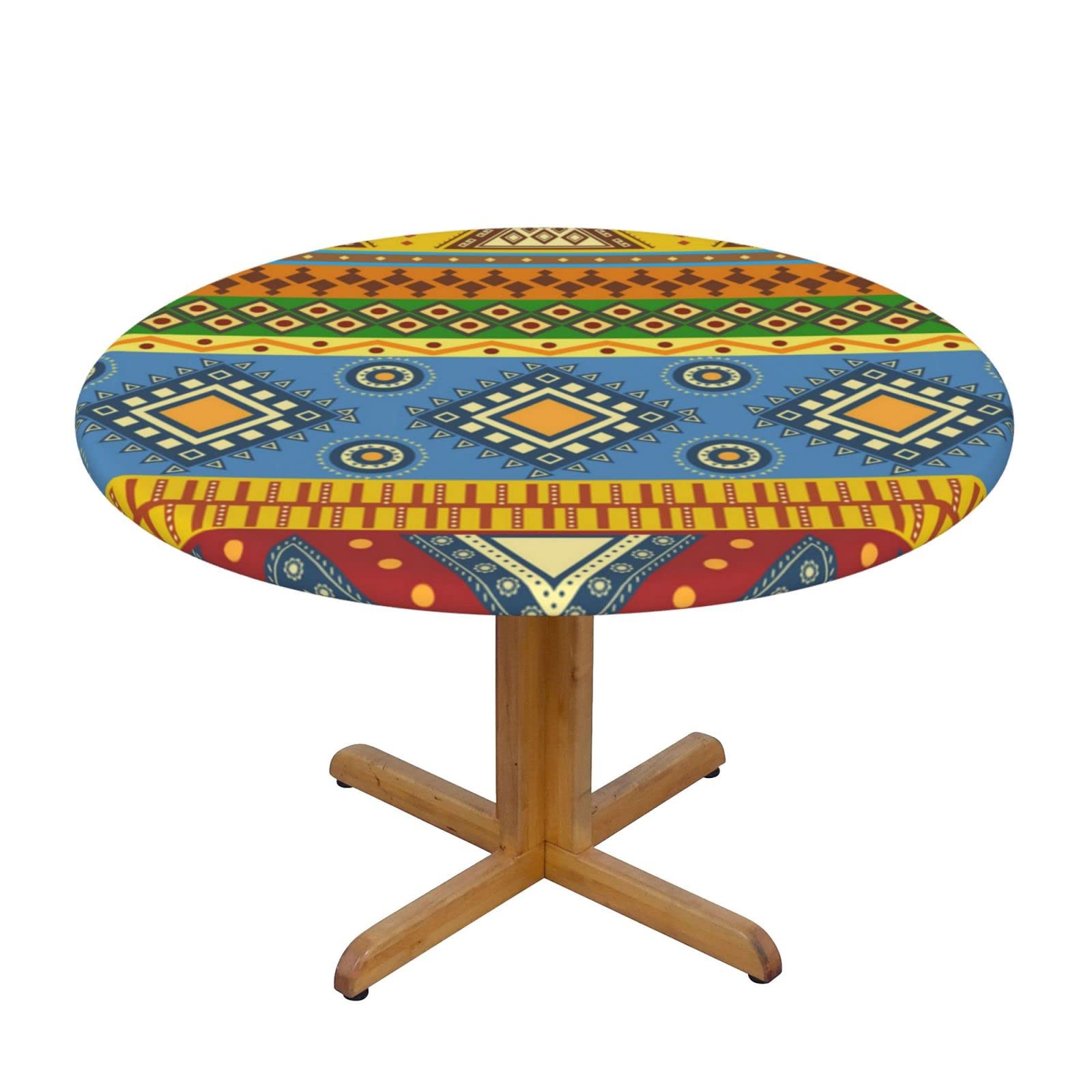 Lsjuee Round Fitted Tablecloth 45-50in Elastic Edged Table Cloth for Kitchen Dining Party Home Decor - Tribal Aztec Native Mexico
