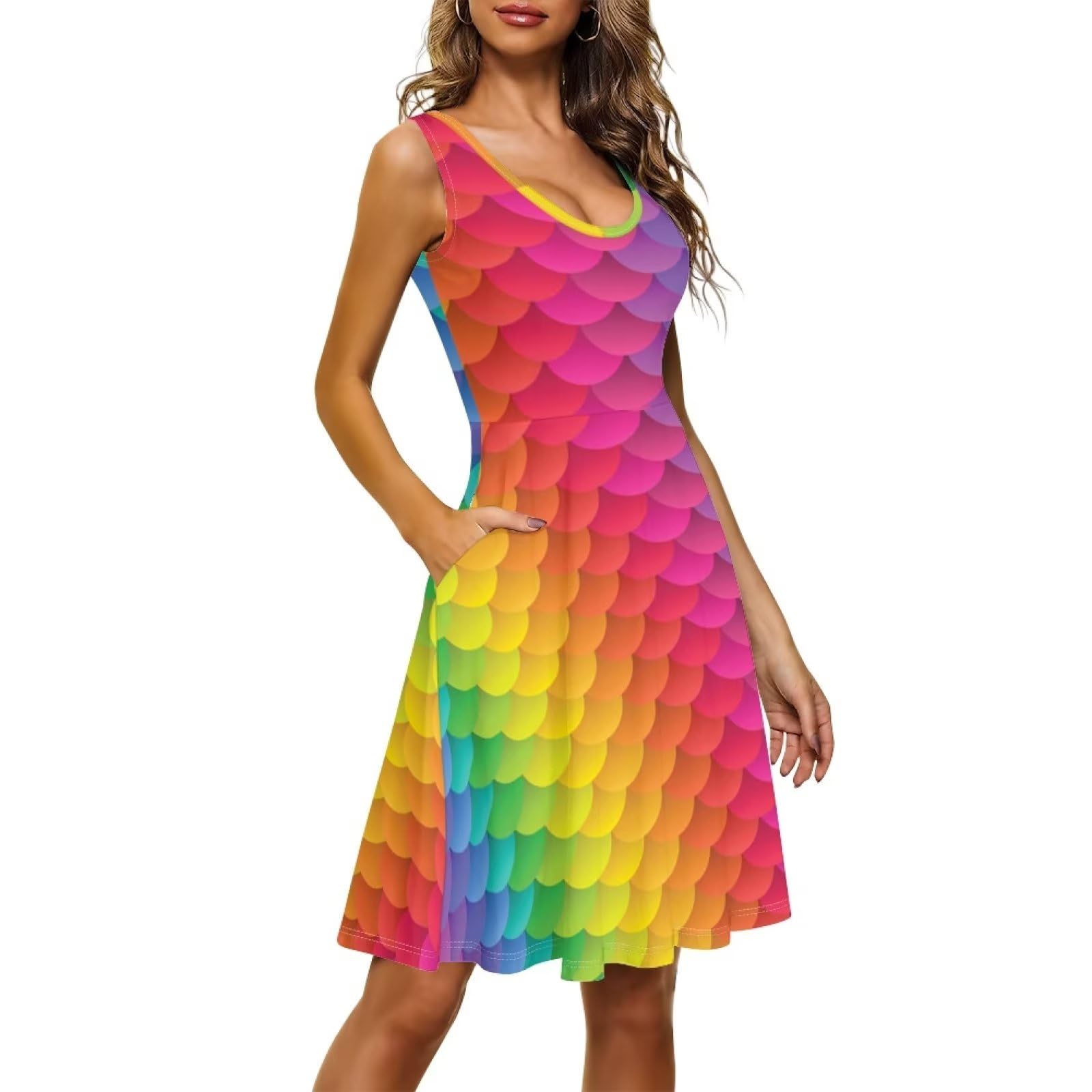 TOADDITDO Rainbow Mermaid Scale Print Women Summer Sleeveless Tank Dress with 2 Side Pockets High Stretchy Lightweight Vest Pleated Sundress