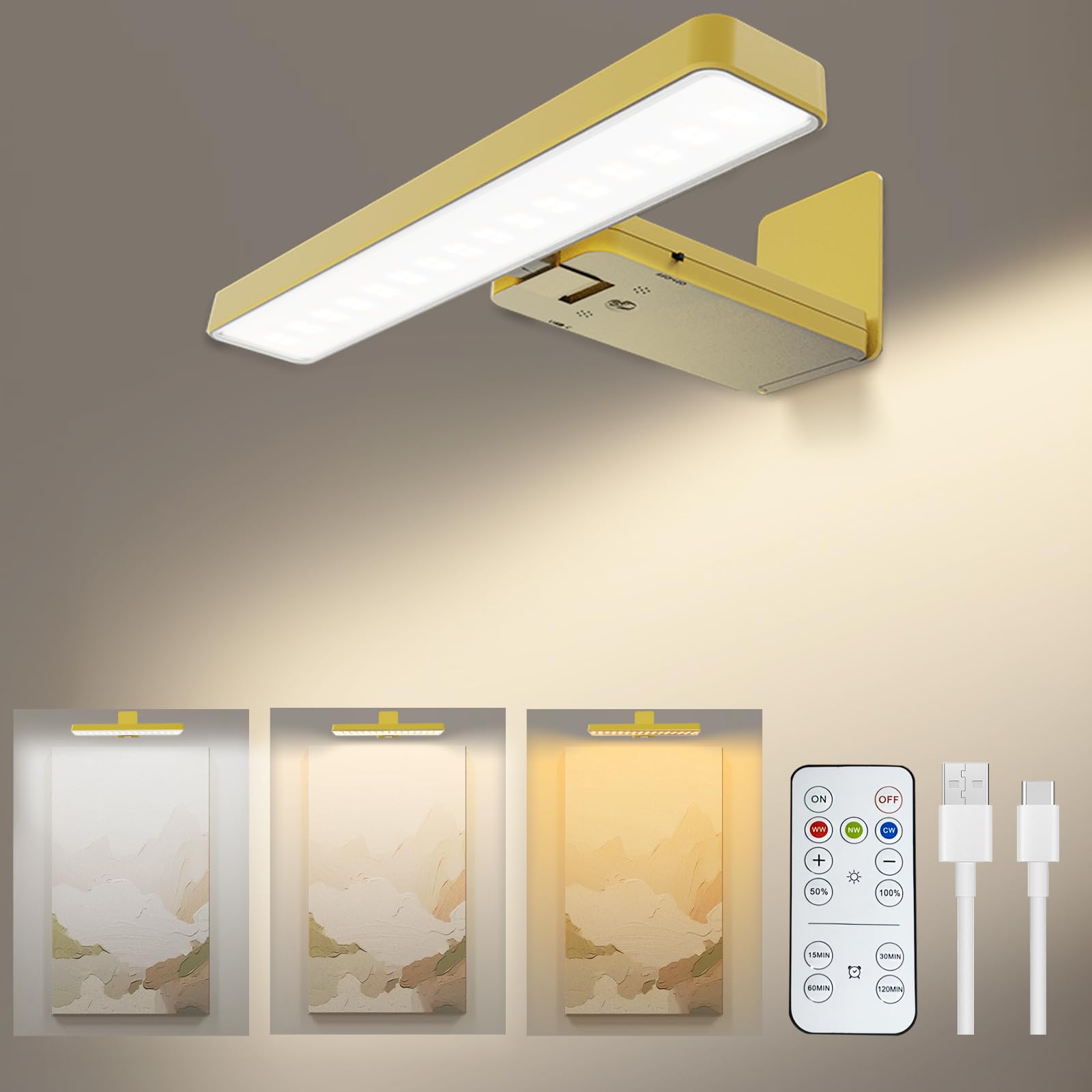MIOBLUE Rechargeable Picture Light with Remote, Wireless Battery Wall Light for Paintings, 3 Colors Paintings Light Dimmable and Timer Art for Display, Wall, Artwork, Gallery