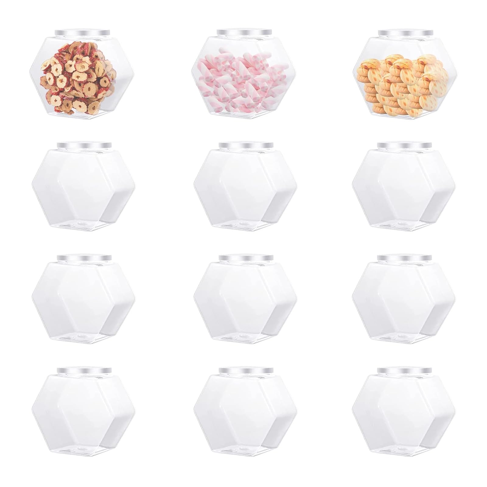 12 Pcs Hexagon Plastic Jars 30oz Clear Candy Jar Plastic Cookie Jars with Airtight Lids Wide Mouth Reusable Containers Bulk Coffee Candy Display for Dog Treat Gifts Buffet Laundry Pod
