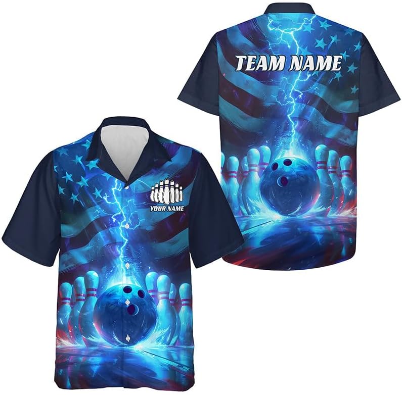 Custom Mens Bowling Shirts, Bowling Jerseys for Men, Hawaiian Shirt for Men, Custom Blue and Purple Strike