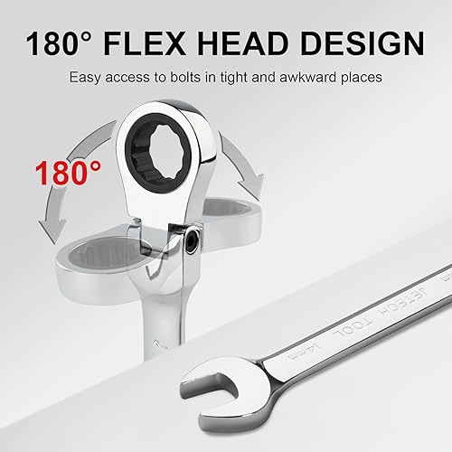 Vista 50 de Jetech Llave de engranaje de cabeza flexible de 0.630 in, llave combinada de trinquete de grado industrial, forjada, acero de aleación Cr-V tratado
