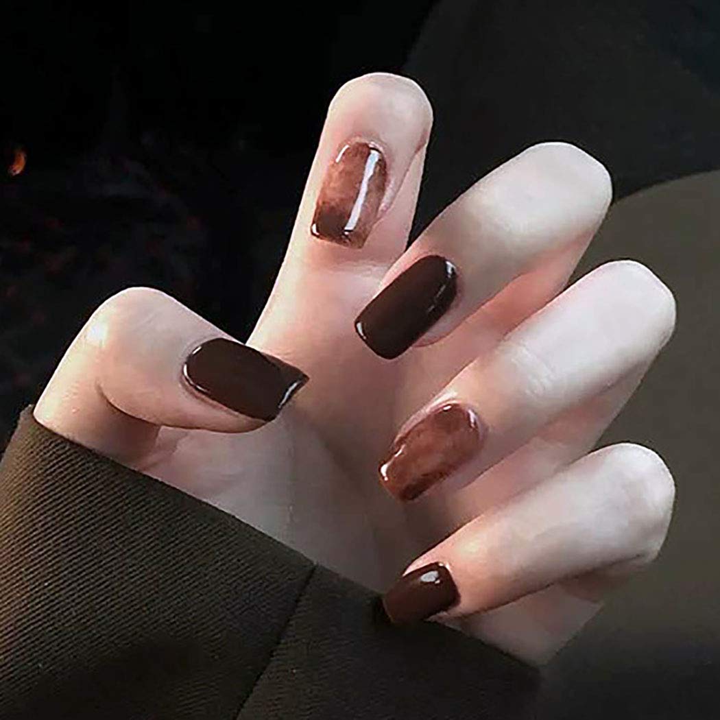 Amazon.com: Bomine Square Short Press on Nails Design Ombre Fake Nails  Brown Glossy Acrylic Full Cover False Nails Tips Sharp Stick on Nails Art  Faux Fingernails for Women and Girls 24Pcs (Brown) :