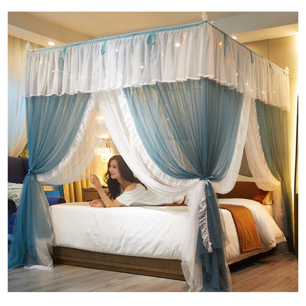 GTHTUHFD Bed Canopy Mosquito Net, Double Layer 4 Corner Post Princess Bed Curtain Canopy For Girls Adult,Green-180 * 200Cm/71 * 79In