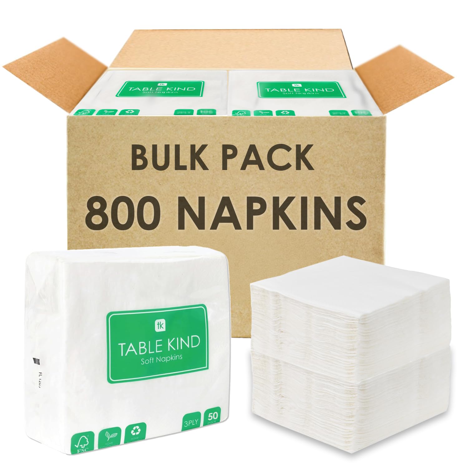 Table Kind | 2 ply | 33cm, 800 Bulk Pack Soft White Napkins, Quality Serviettes for Parties, Catering & Everyday Use, Eco-Friendly Disposable Home Compostable FSC, Sustainable & Recyclable, Made in EU