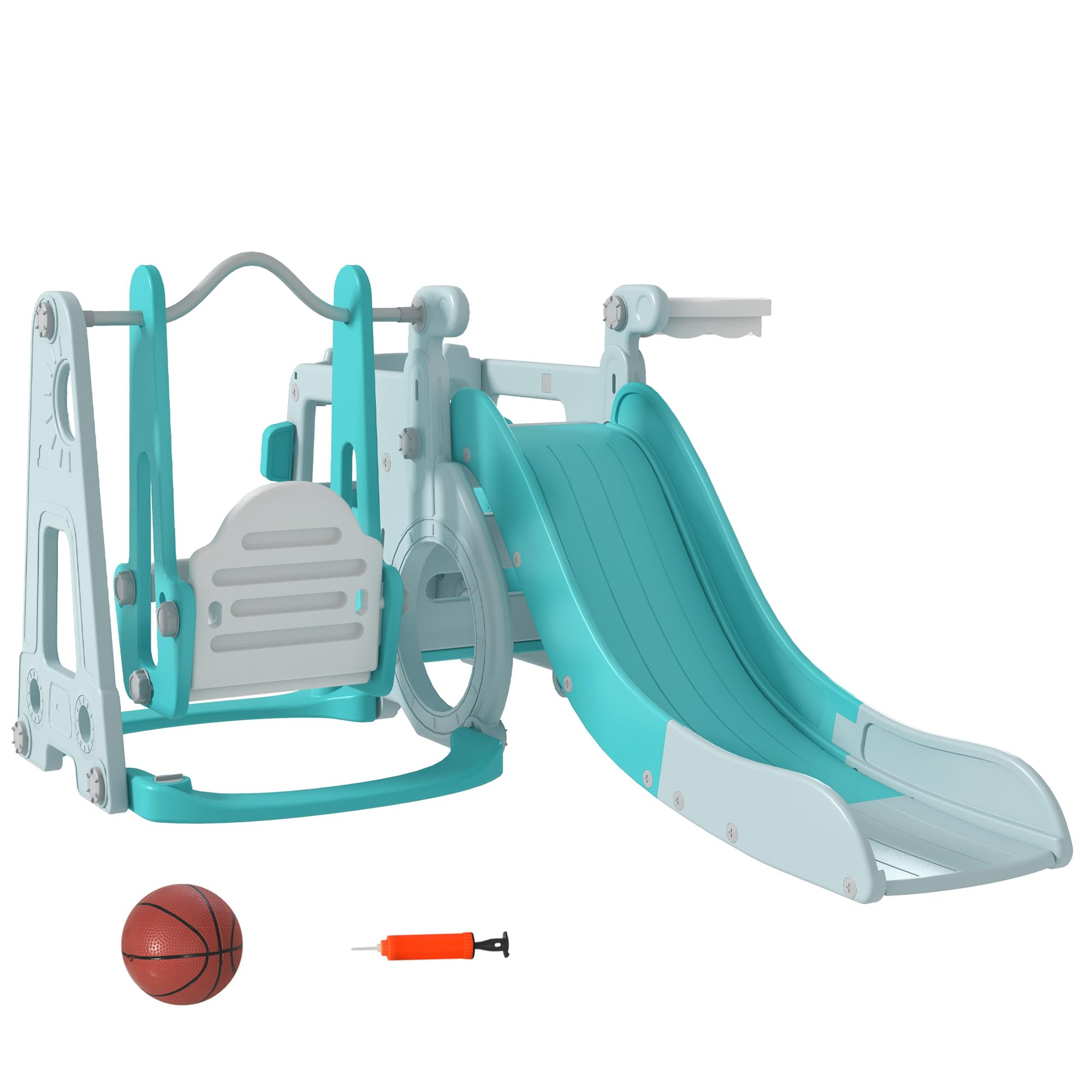 AIYAPLAY Juego de Tobogán y Columpio para Niños 6 en 1 Parque Infantil Tobogán para Bebés de 18-48 Meses con Volante Bocina y Baloncesto Carga 50 kg 201x151x87,5 cm Azul Claro