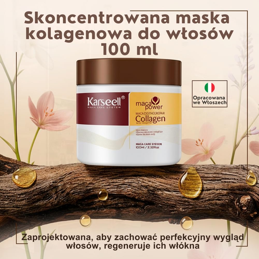 Karseell MACA CARE SYSTEM Zestaw kolagenowych maseczek do włosów 100 ml + szampon o objętości 200 ml + odżywka do włosów 200 ml nawilżająca objętość naprawa połysku, gładkość, suche, zniszczone włosy