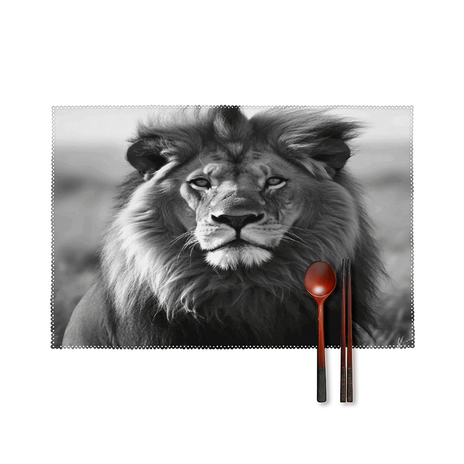 African Lion Black and White Placemats Set of 4 Canvas Washable Cloth Place Mats Wipeable Heat Resistant Table Mats Elegant Cloth Placemat for Kitchen Dinning Party Table Decor 12" X 18"