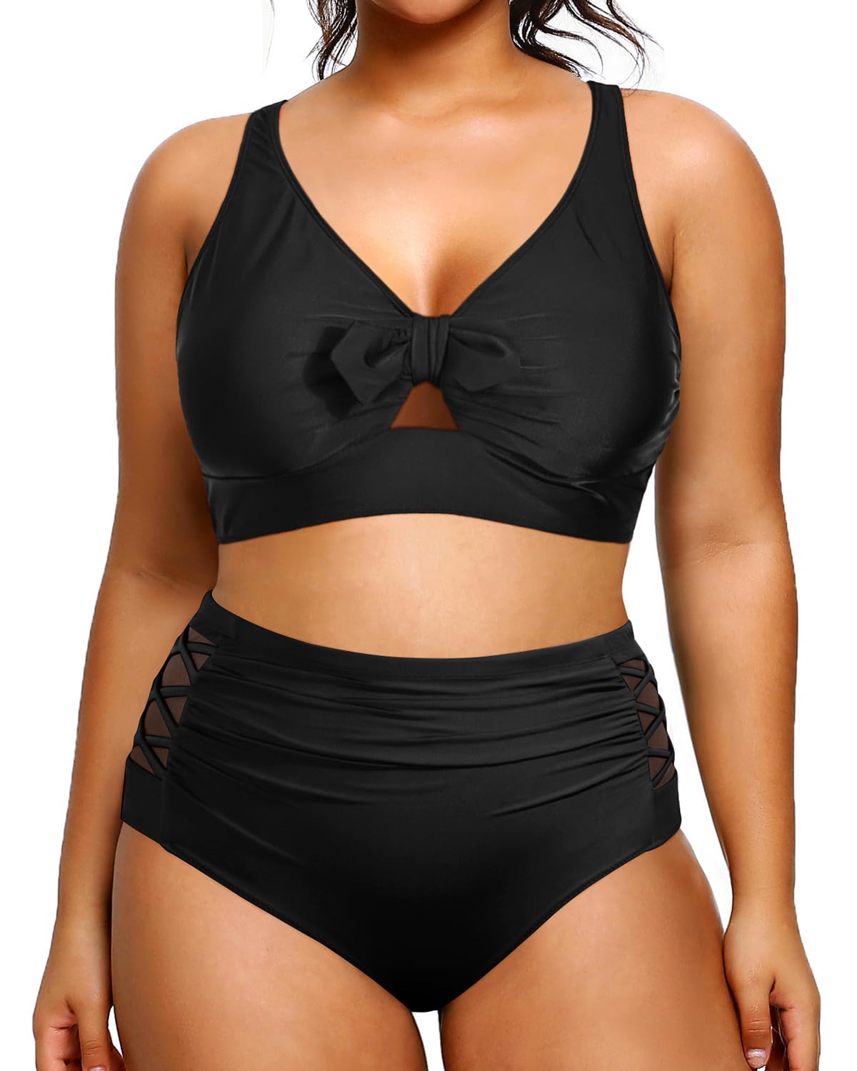 Daci Women Plus Size Two Piece Swimsuit with High Waisted Bikini Bottoms Tummy Control Bathing Suit Black1 18 Plus