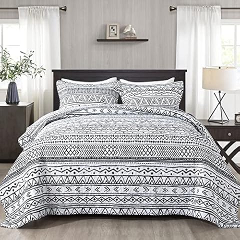 NEWLAKE Quilt Bedspread Sets-Reversible Microfiber Black Striped Vintage Pattern Coverlet Set, Queen Size Cover