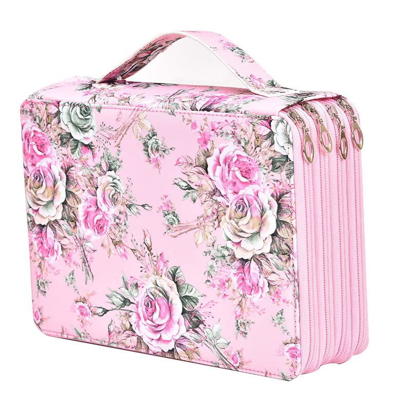 Becho Multifunction Zipper Soft Leather Pencil Case with Multi-Layer Zipper Separation High Capacity Holder Pouch Pen Bag Colored Flower Pencil Pen Box 200 Slots (Pink)