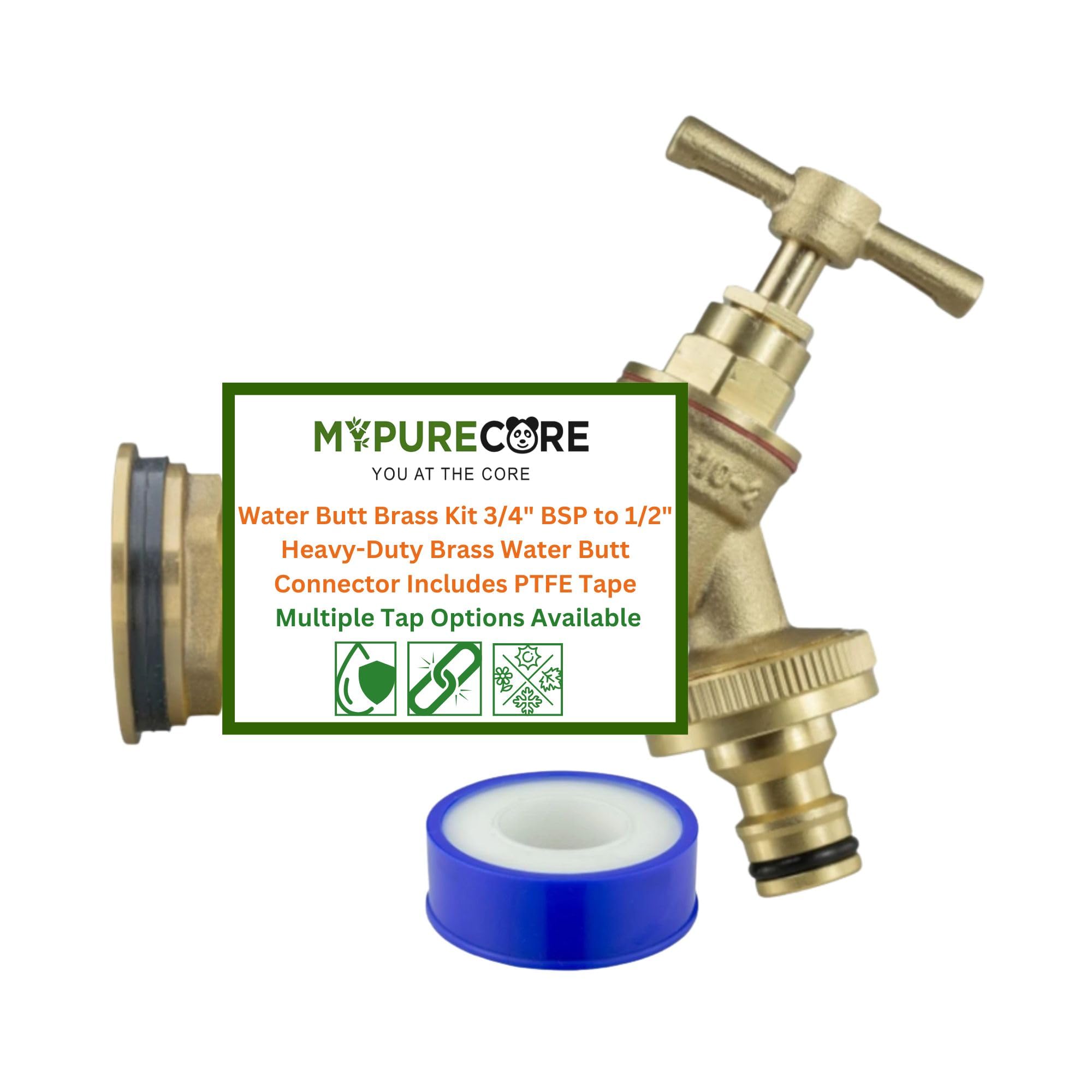 MYPURECORE Water Butt Brass Kit 3/4" BSP to 1/2" – Heavy-Duty Brass Tank Connector with Tap Options for Rainwater Harvesting & IBC Containers ((Quick Connect Outlet))