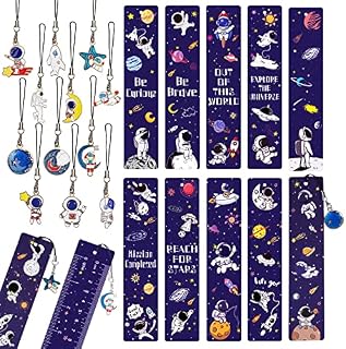 YOLOUP 12PCS Bookmarks with Metal Charms,Space Theme Bookmarks for Children Astronaut Page Markers with Ruler Function for Kid Boy Graduation Gift Party Favors Teachers Student Reading Supplies