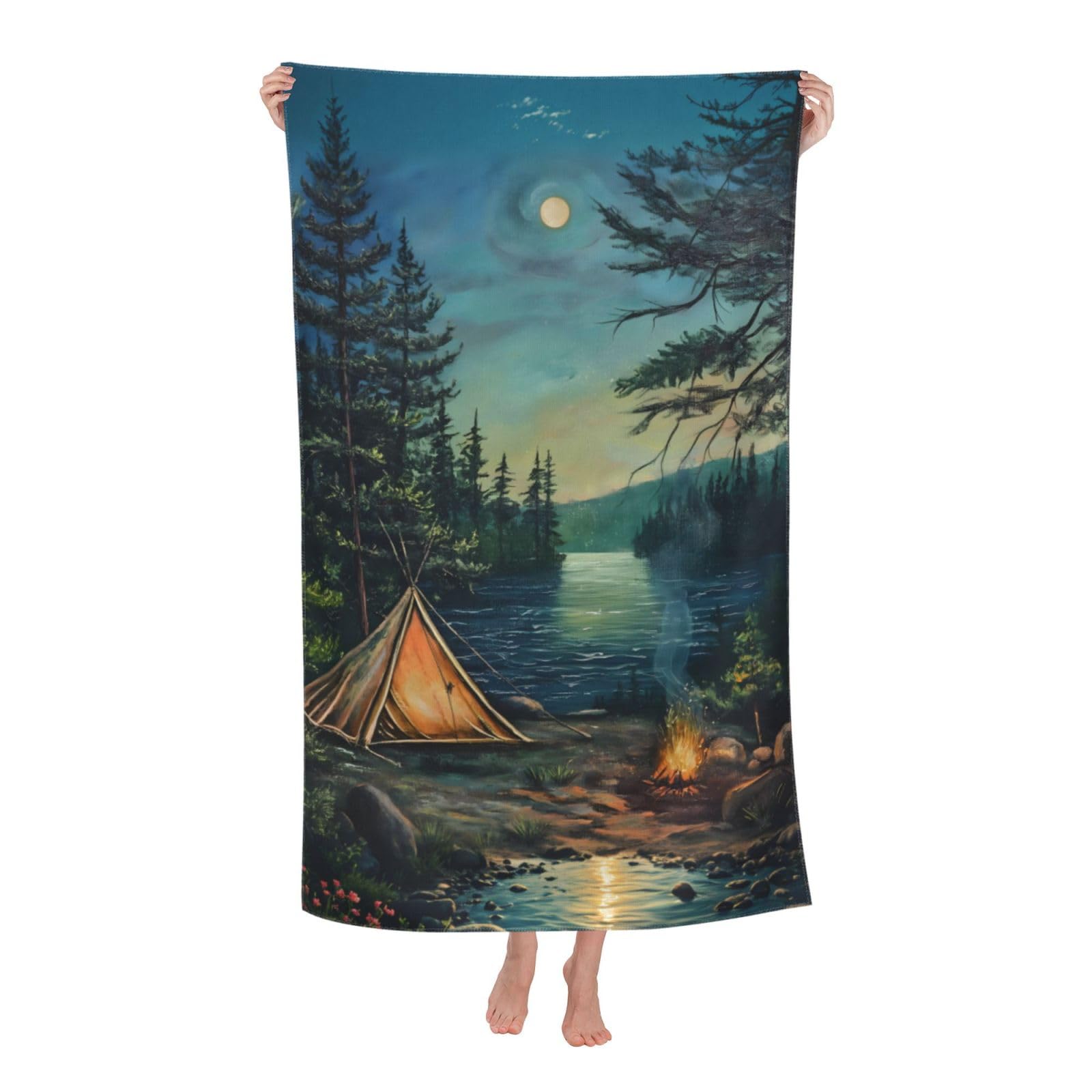 HLBSDM Moonlit Camping Beach Towel 31inx51in Forest and Tent Sand Free Microfiber Bath Towel Ultra Soft Quick Dry Pool Towel Absorbent Towel Lightweight Towel for Swimming Bathroom Decor