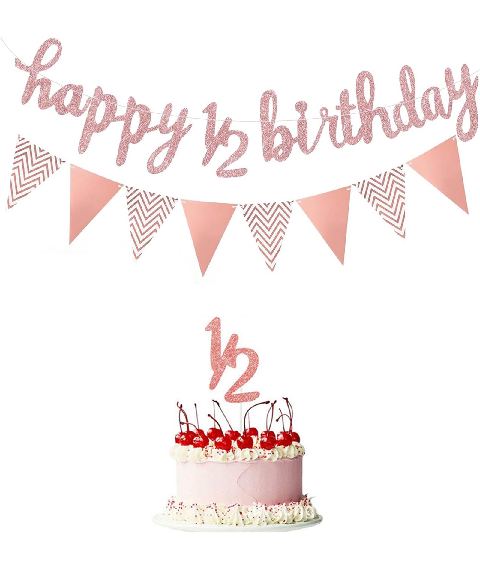 3 Pcs Half Birthday Decorations Set for 6 Months Party - Includes Glitter Cake Topper, Happy 1/2 Birthday Banner, Rose Gold Triangle Flags for Baby Girl Shower Photoshoot-image-28