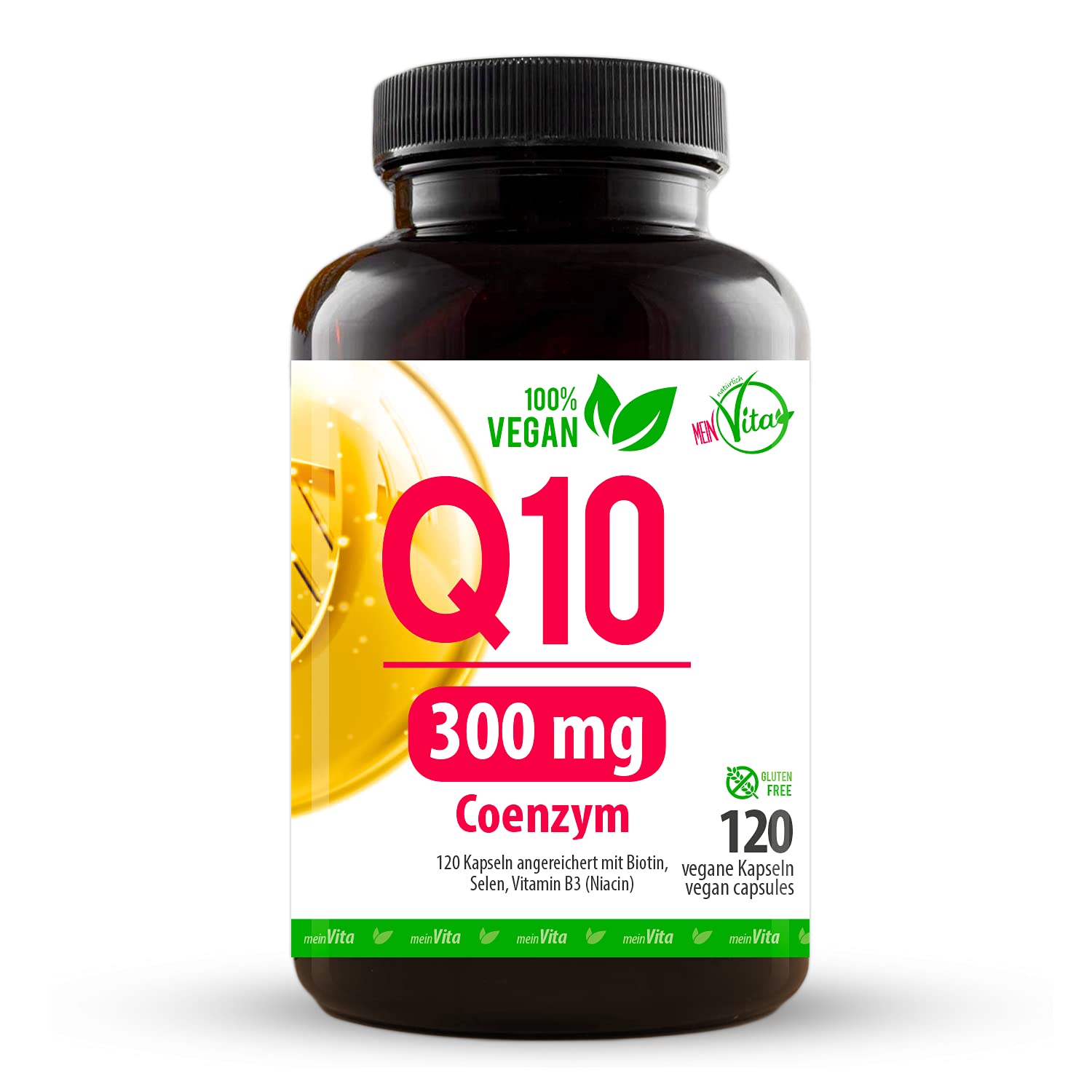 Coenzym Q10-300mg pro Kapsel hochdosiert, 100% Vegan – 120 Kapseln - Bioaktiv - aus pflanzlicher Fermentation - Laborgeprüft, mit B3, Biotin, Selen