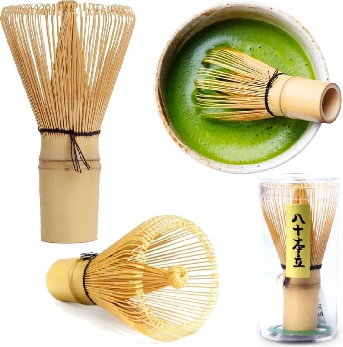 Matcha Set 4 tlg. Original japanische Schale mit Besen & Löffel Edo Japan Geschenkverpackung mit Matcha Besen Chasen, Matchabesen,Matchabesen Halter,Matcha Bambuslöffel Chashaku (Kawaii - Blue Cats)