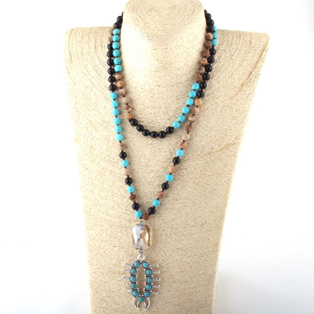 Collier Perles Nouées Mode Forme Animale Exagérée et Cristal Bleu
