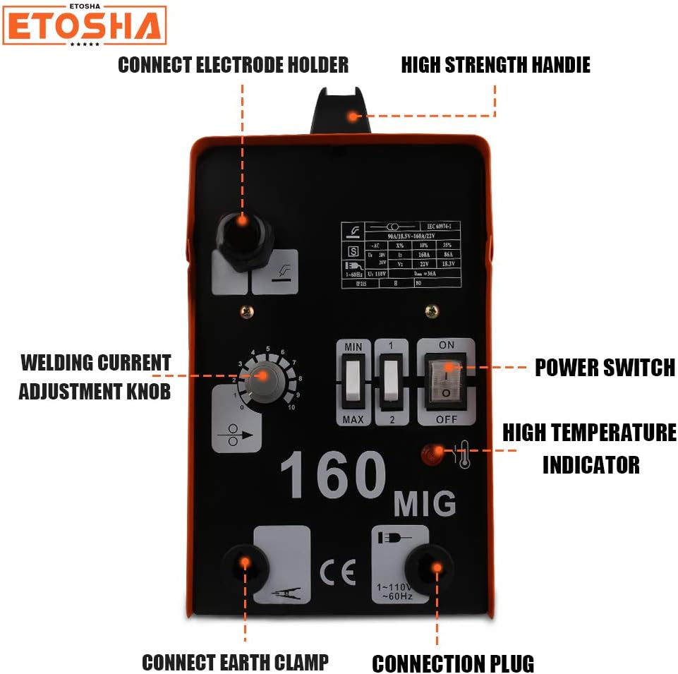 ETOSHA MIG 160 Welder Portable Flux Core Wire Gasless Automatic Wire Feeding Welder,160A ARC Welder Machine with Welding Gun, Grounding Clamp, Input Power Adapter Cable and Brush(Orange) - - 
