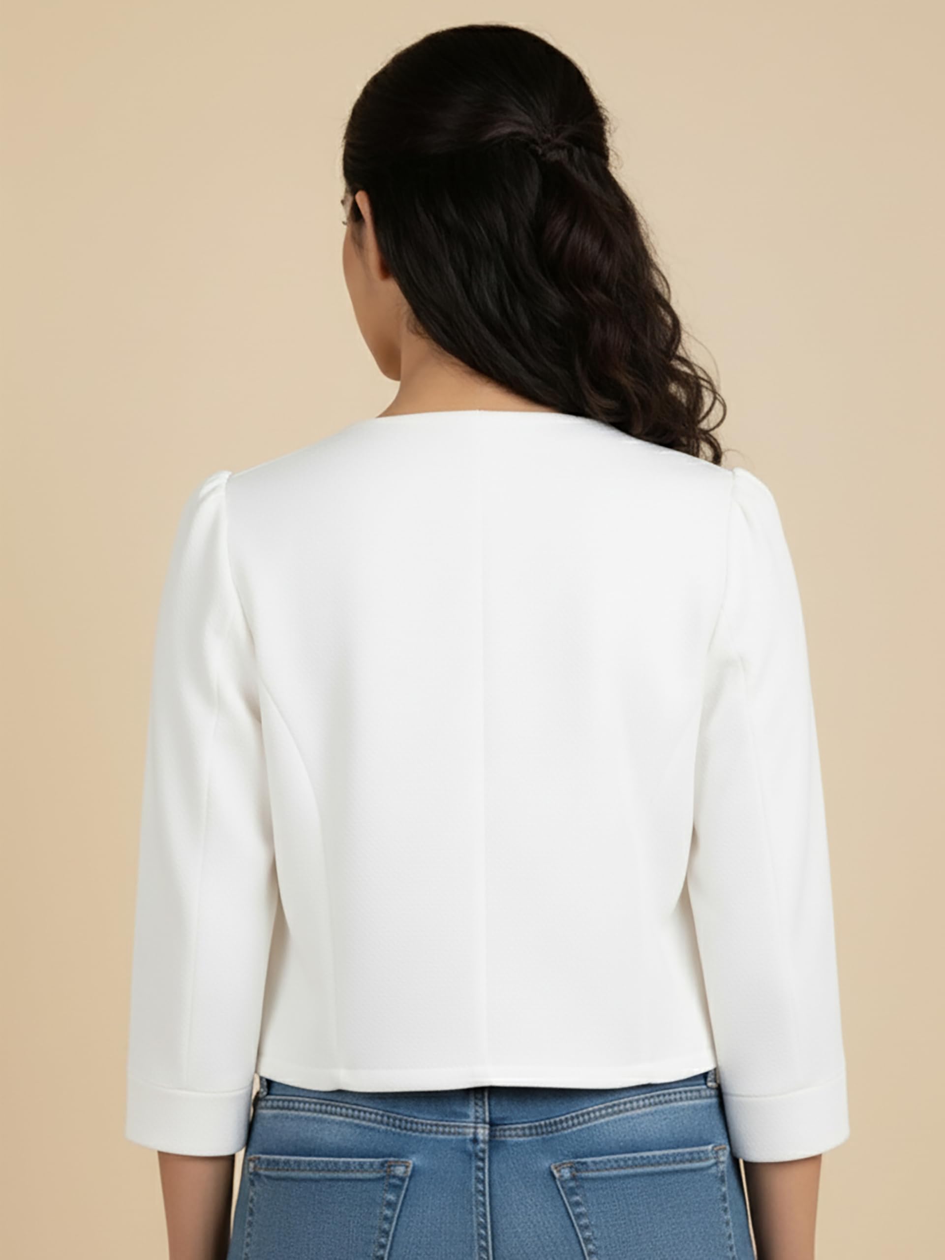 Glito Women's Imported Poly Solid Open-Front Blazer Shrug Jacket - White | Regular Fit | Round Neck | 3/4 Sleeves | Jacket for Women | Ideal for Elegant Workwear & Casual Shrug for Women - Image 2 thumbnail