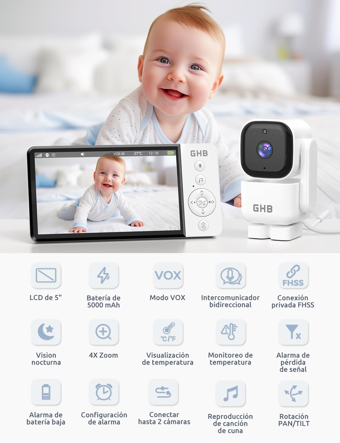 GHB Cámara de vigilancia para bebés de 5" con rotación de 350°, cámara de vigilancia para bebés con visión nocturna 720P, 2,4 GHz sin Wi-Fi, VOX, sensor de temperatura, comunicación bidireccional, 8