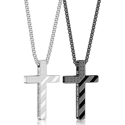 Romass 2Pcs Cross Necklace for Men,Silver Black Bible Verse Stainless Steel American Flag Pendant Chain Gifts Jewelry Box