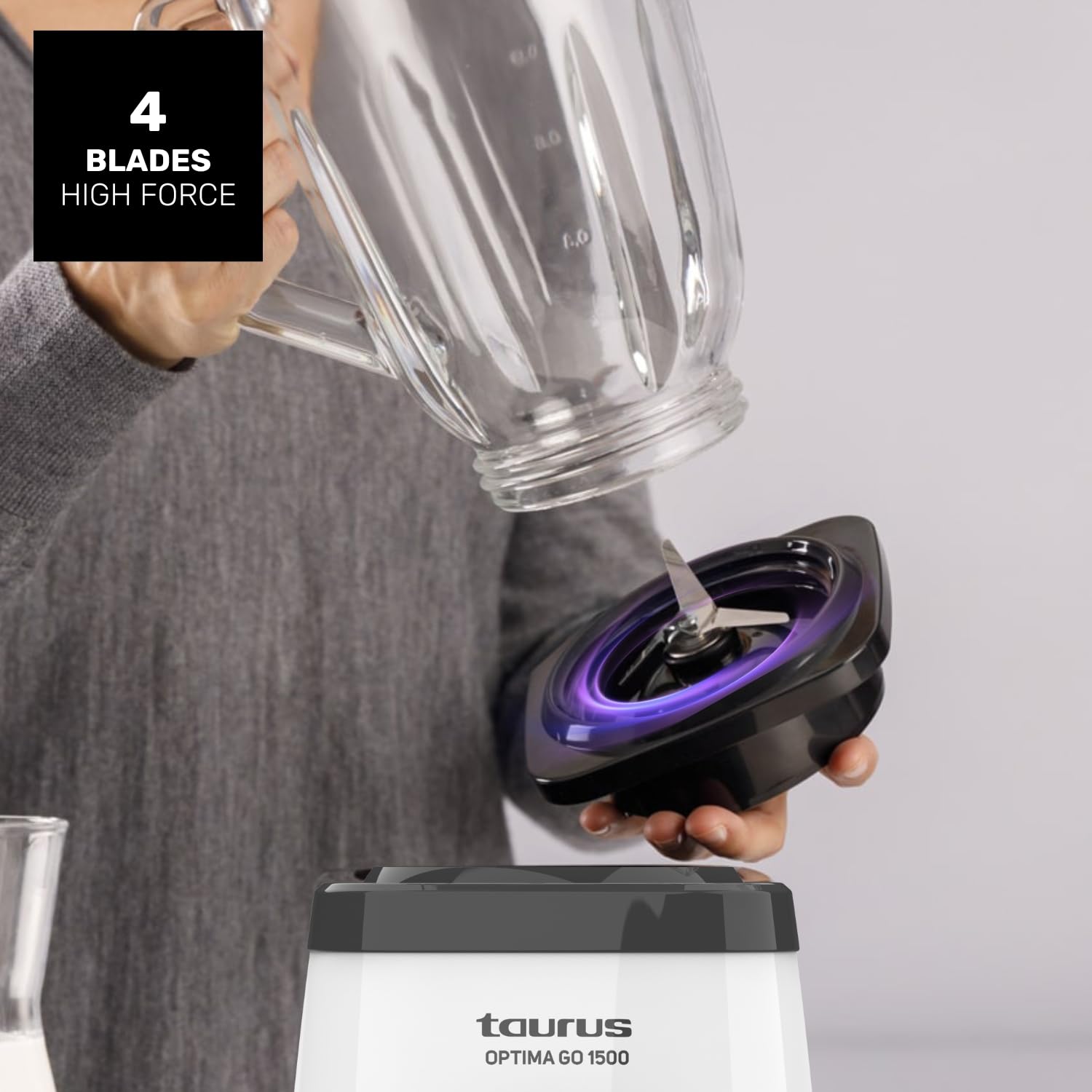 Taurus - Blender Optima Go | 1500W | Bouteille Portable 500ml | Lames 4 Fils | 2 Vitesses + Turbo | Acier Inoxydable | Antidérapant | Système de Sécurité, Gris