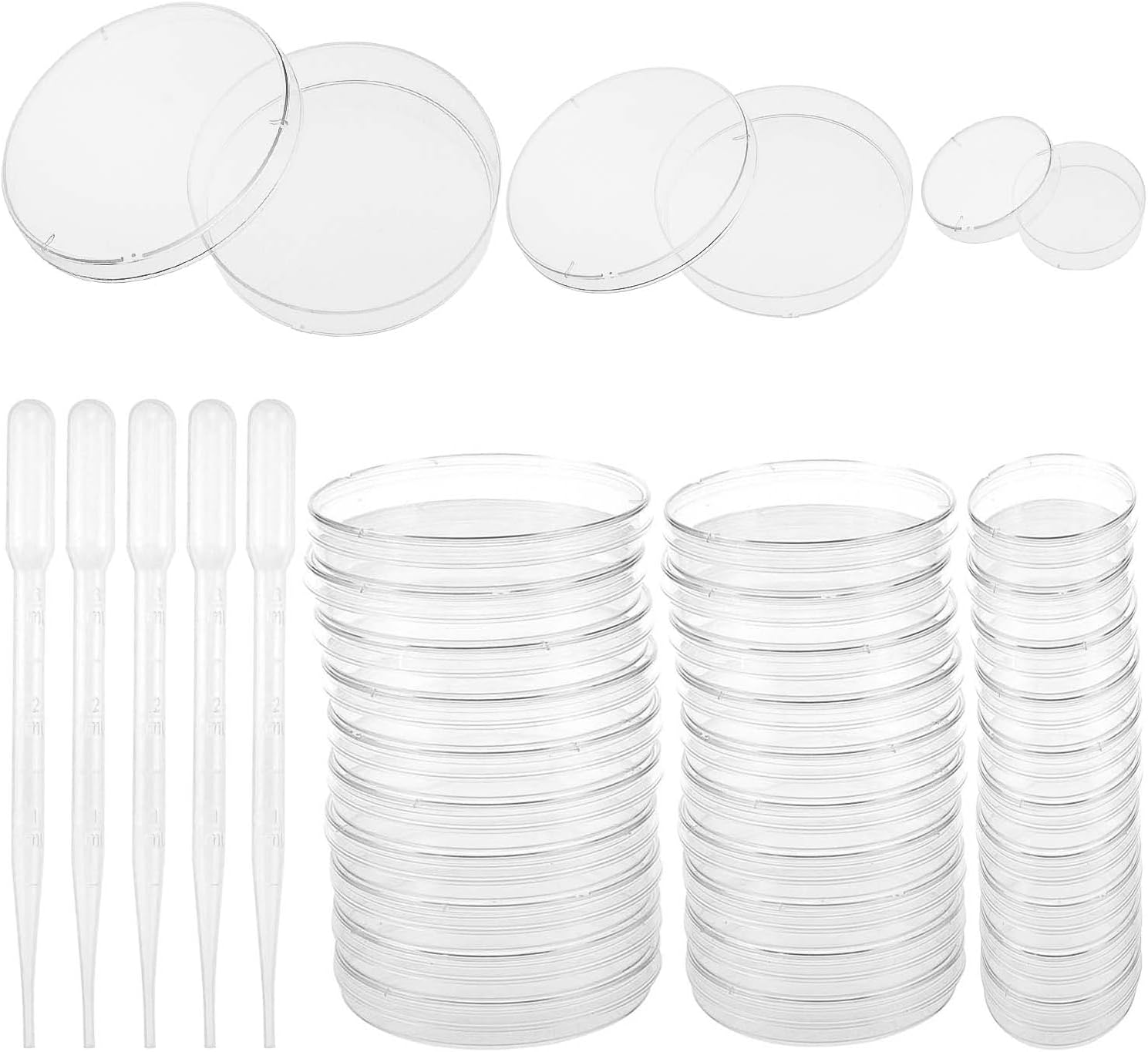 30 Pcs Petri Dish Set 70+55+30 mm Petri Dishes with Lids Sterile Plastic Petri Dishes Comes with 5 Plastic Transfer Pipettes for Lab,Biology,Microbiology Studies,Science Fair Project
