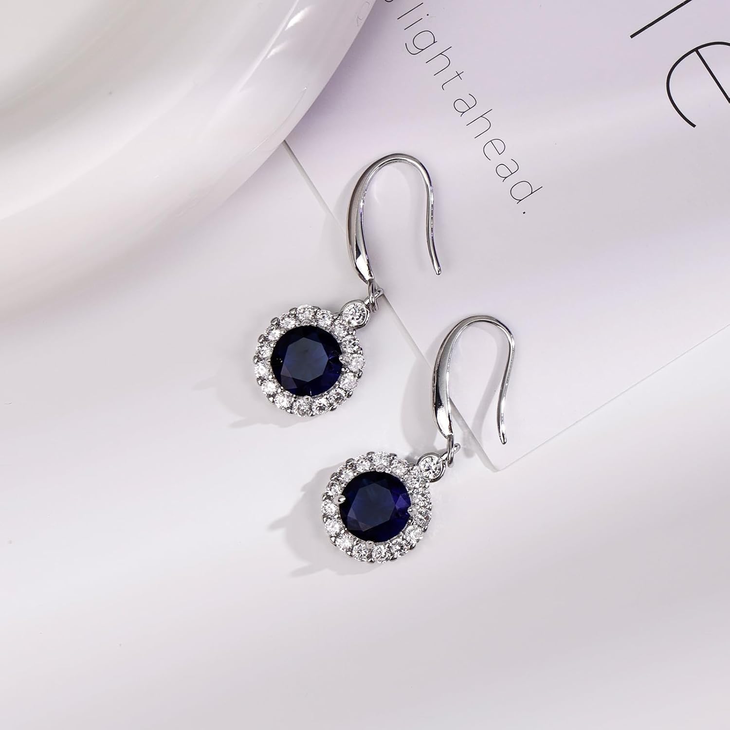 Silver Round Sapphire Earrings Navy Blue Dangle Zircon Halo Drop Earrings for Women - Image 5
