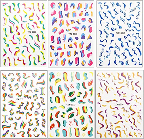 Rainbow Wave Line Nail Art Stickers 3D Self-Adhesive Colorful Geometry Swirl Stripe Line Design Nail Decals Nail Accessories French Nail Decorations Manicure For Women Gay 6Pcs #TOP6