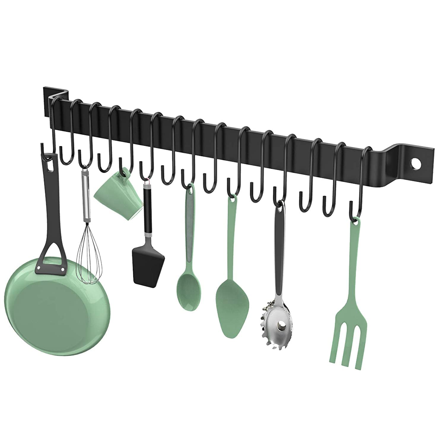 17-Inch Kitchen Rail with 10 S-Hooks – Black Metal Wall Mounted Utensil Rack Organizer Hanging Rod for Pots, Pans, Lids, Spatulas, Mugs, Cups & Kitchen Tools (17 x 0.5 x 1 in)-image-23