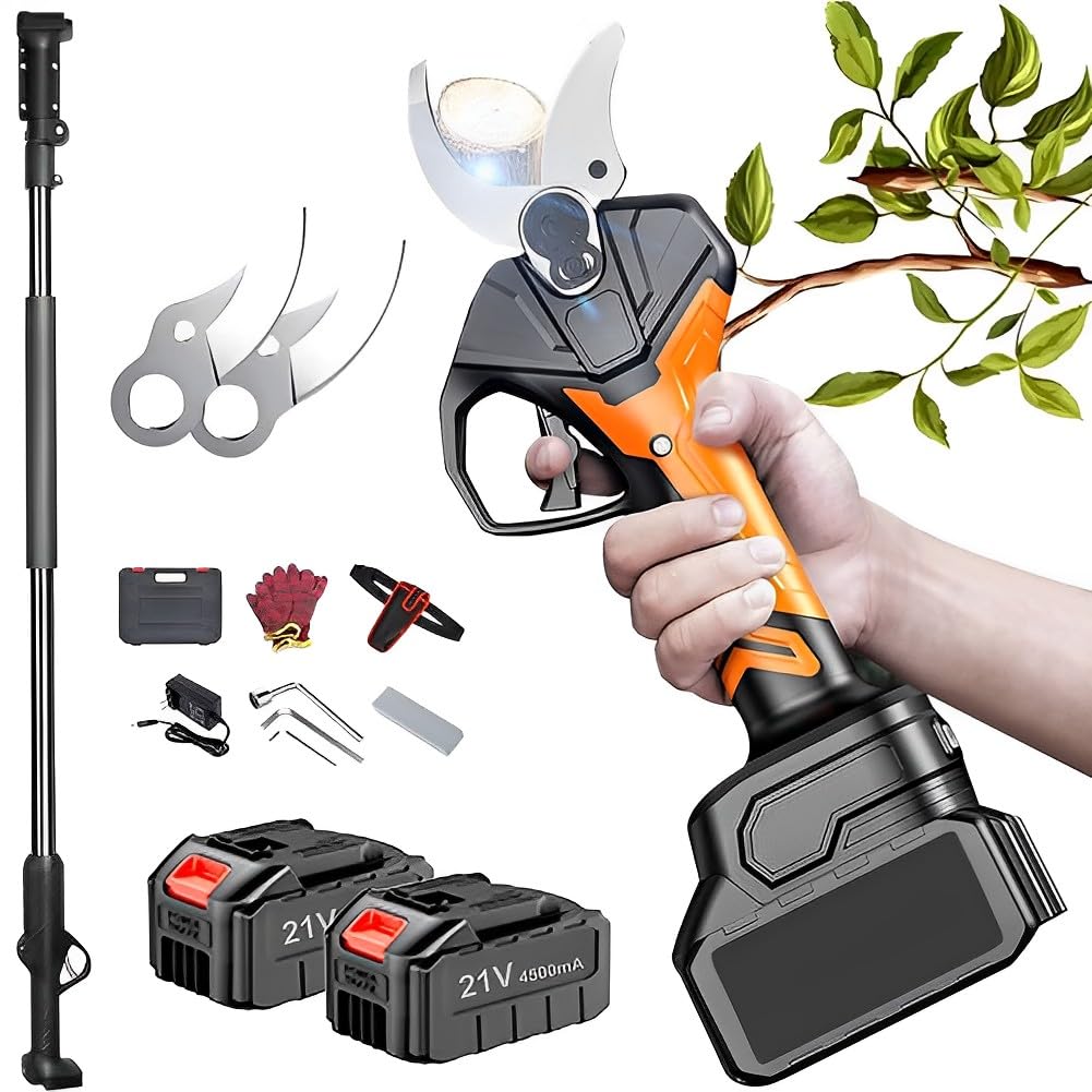 Podadoras Inalámbricas, Tijeras de Podar Eléctricas con 2 Baterías y 1 Cargador, Poste de Extensión de Alto Alcance de 280 cm, Diámetro de Corte de 70 mm, para Podar Árboles y Arbustos y Árboles