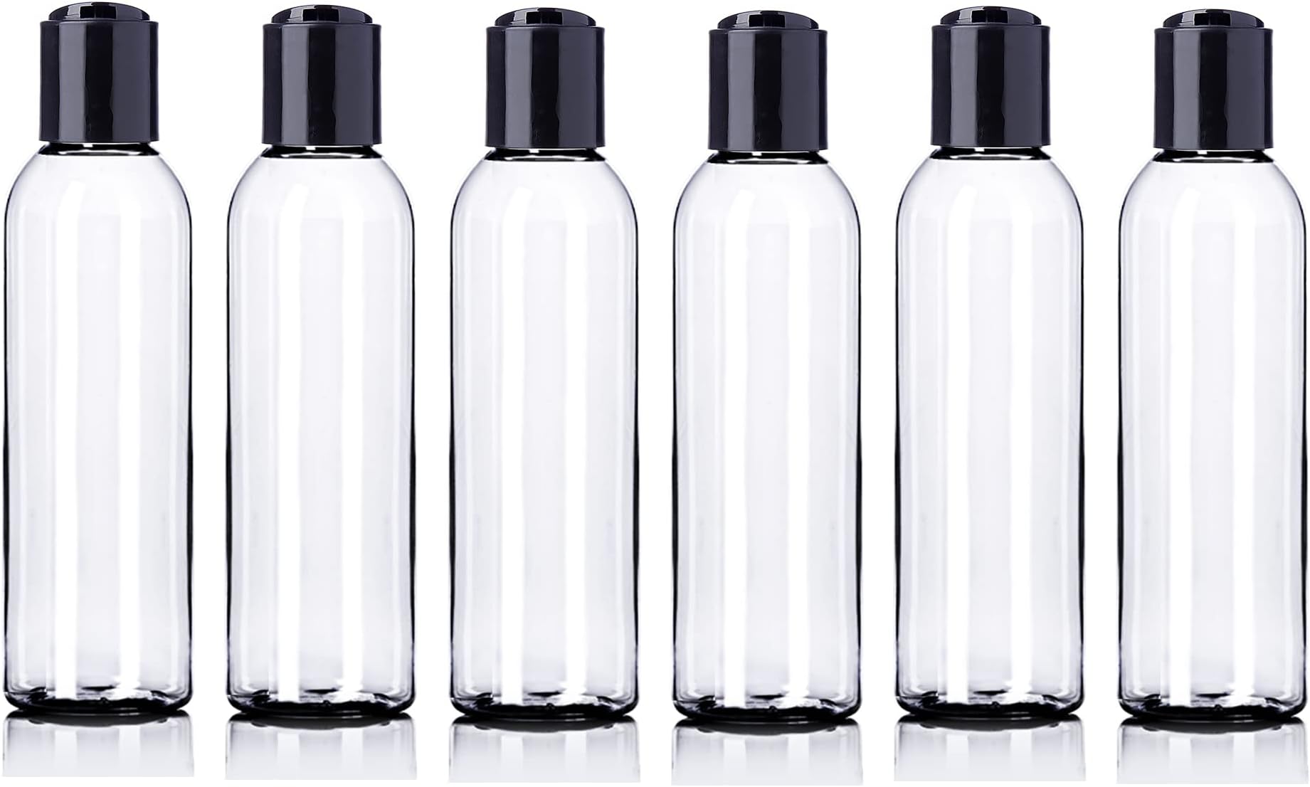 ljdeals 4 oz Clear Plastic Empty Bottles with Black Disc Top Caps, Squeezable Refillable Containers for Shampoo, Lotions, Cream and more Pack of 6, BPA Free, Made in USA