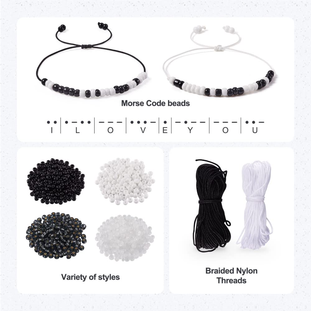 Pandahall Morse Code Bracelet Jewelry Making Kit Including 1170Pcs 4mm Round Glass Seed Beads 21.8 Yards 0.8mm Nylon Cord for Handmade Bracelet Necklace Jewelry Crafts