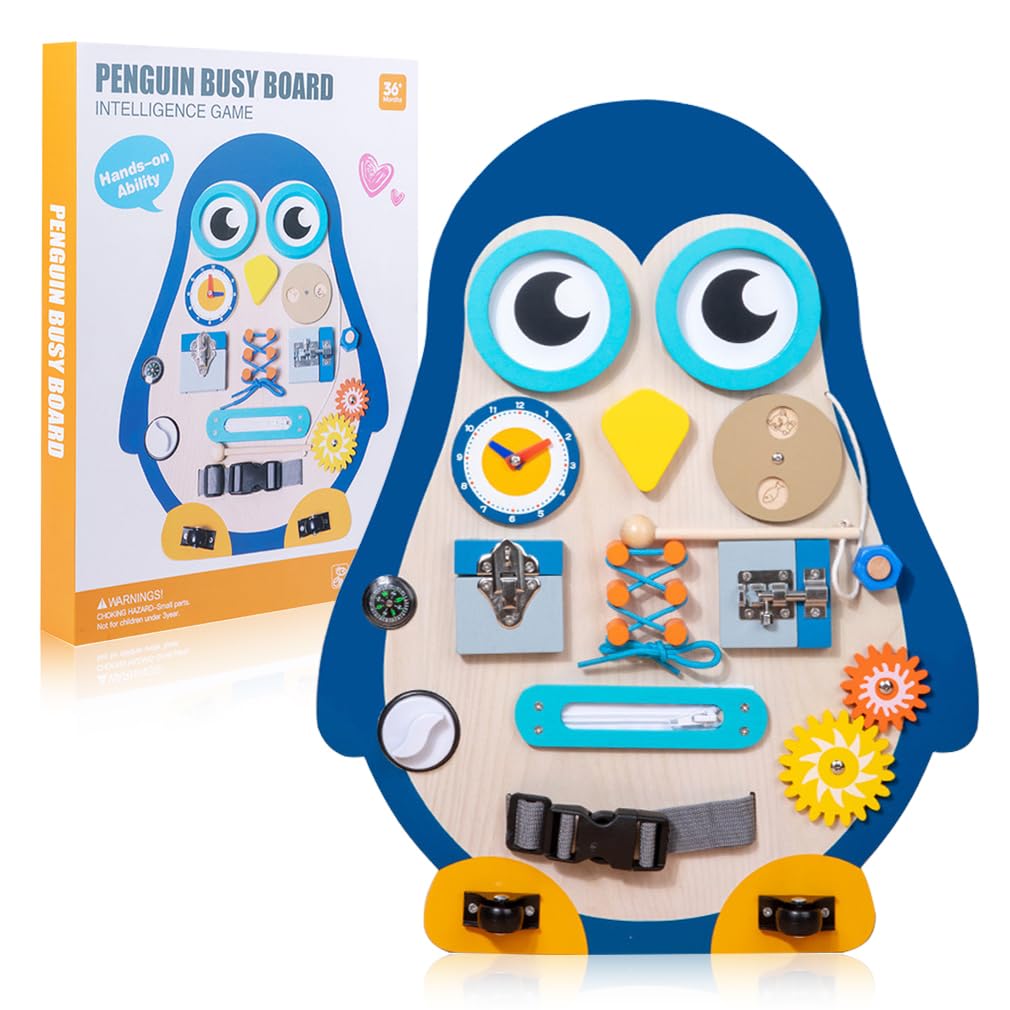 Penguin Toddler Busy Board,Wooden Montessori Busy Board,Sensory Toy with 14 Preschool Educational Activities to Develop Fine and Basic Motor Skills, Wooden Activity Boards