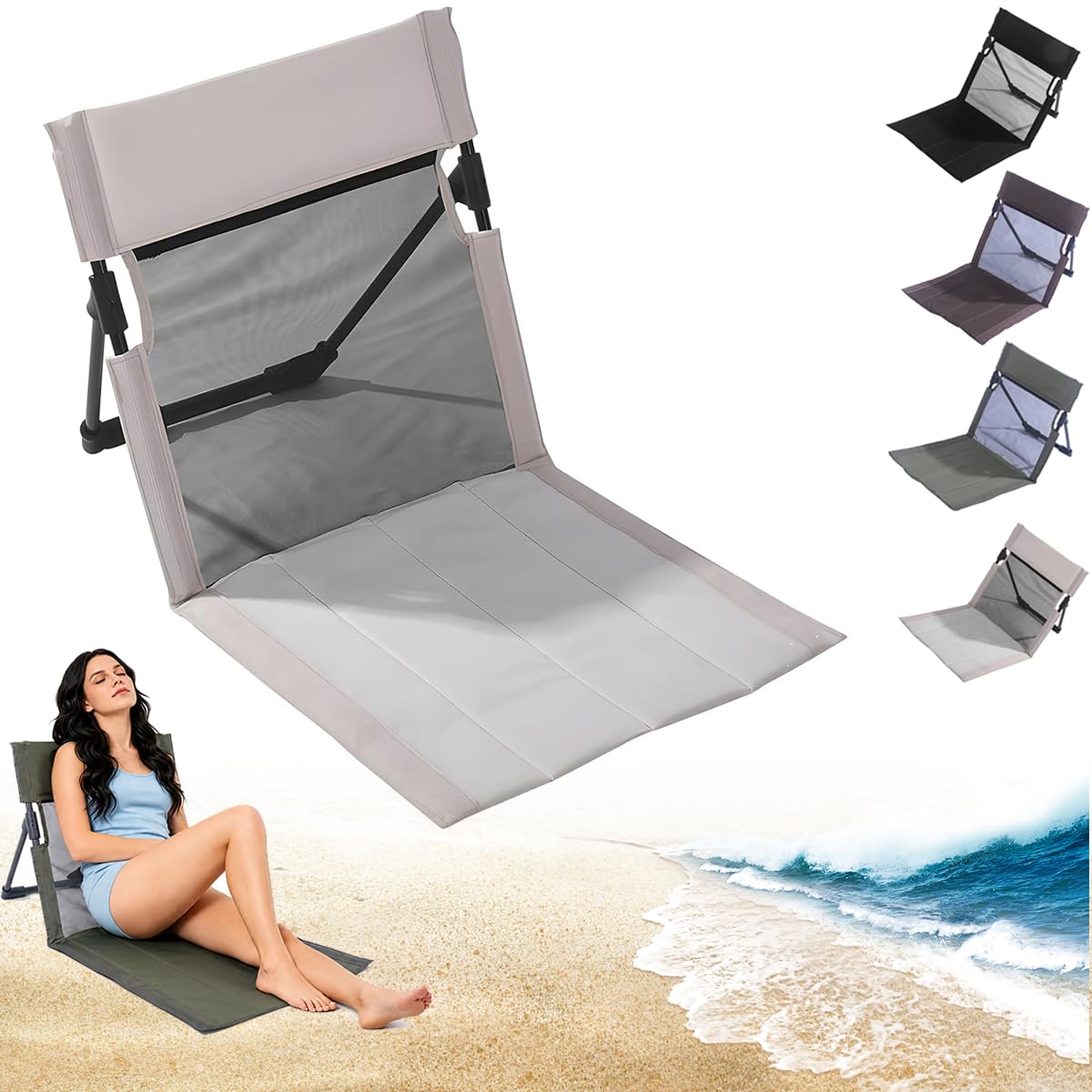 Strandsitz Faltbar Leicht, Strandmatte Mit RüCkenlehne, Leichte Strandmatte (Mit Aufbewahrungstasche) Aus Atmungsaktivem Netzgewebe Mit Verstellbarer RüCkenlehne, Geeignet FüR Camping (Cremefarben)