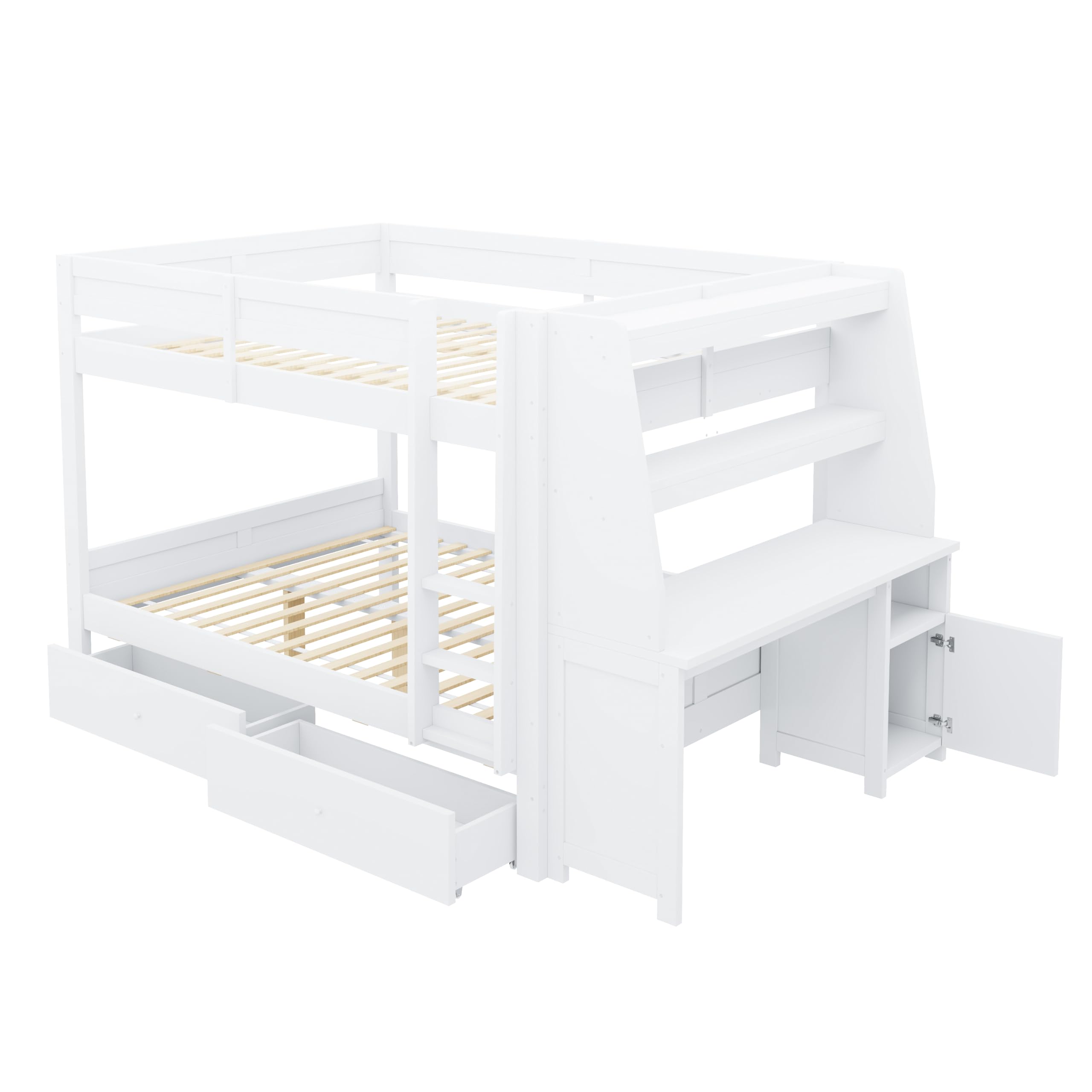 Merax Grand lit superposé 140 x 200 cm avec armoire latérale intégrée (déplacement gauche/droite), bureau, étagère, tiroirs - Blanc (sans matelas)