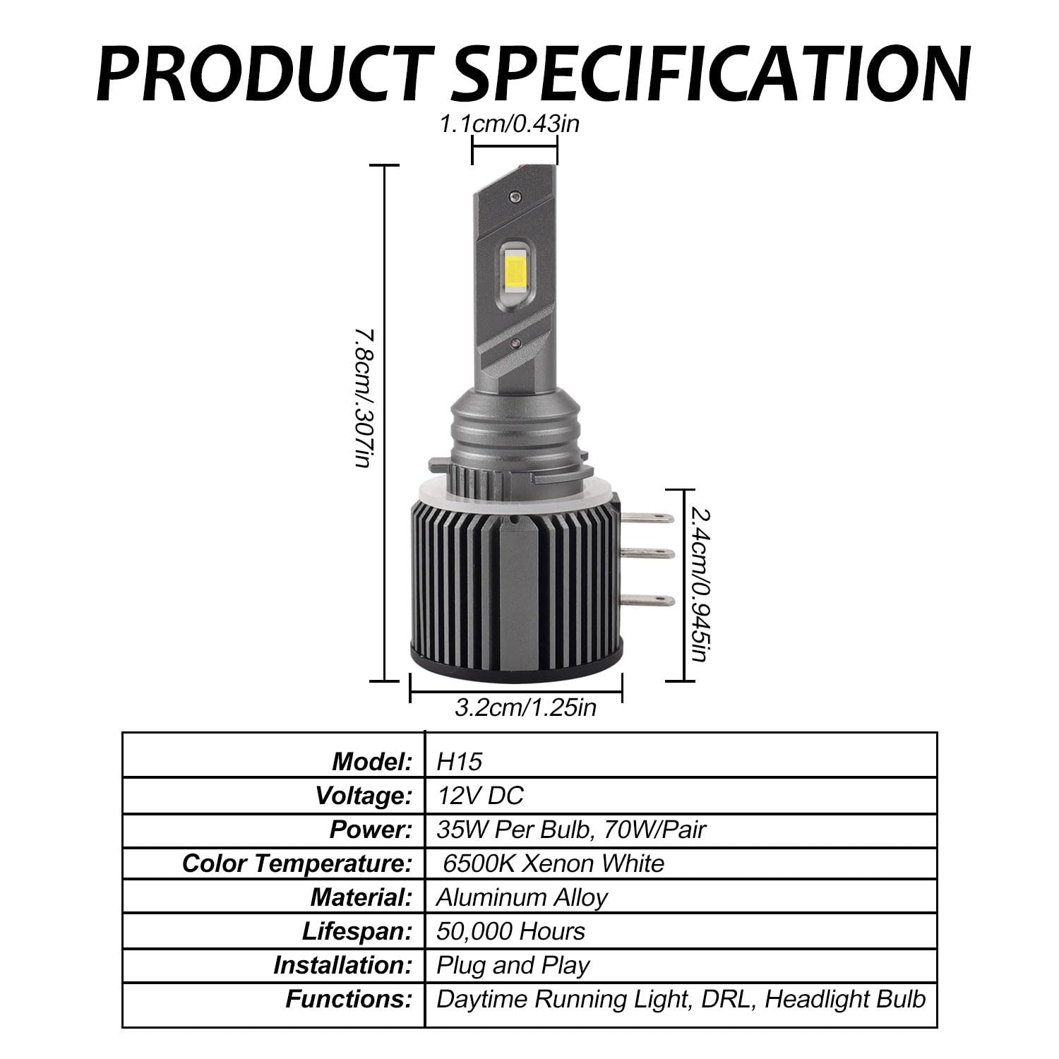 Erato Bombillas LED H15 para luces de conducción y de circulación diurna, DRL, 6500K, blanco xenón, CANbus, sin errores, todo en uno, Plug and Play, impermeables, kit de conversión de faros LED