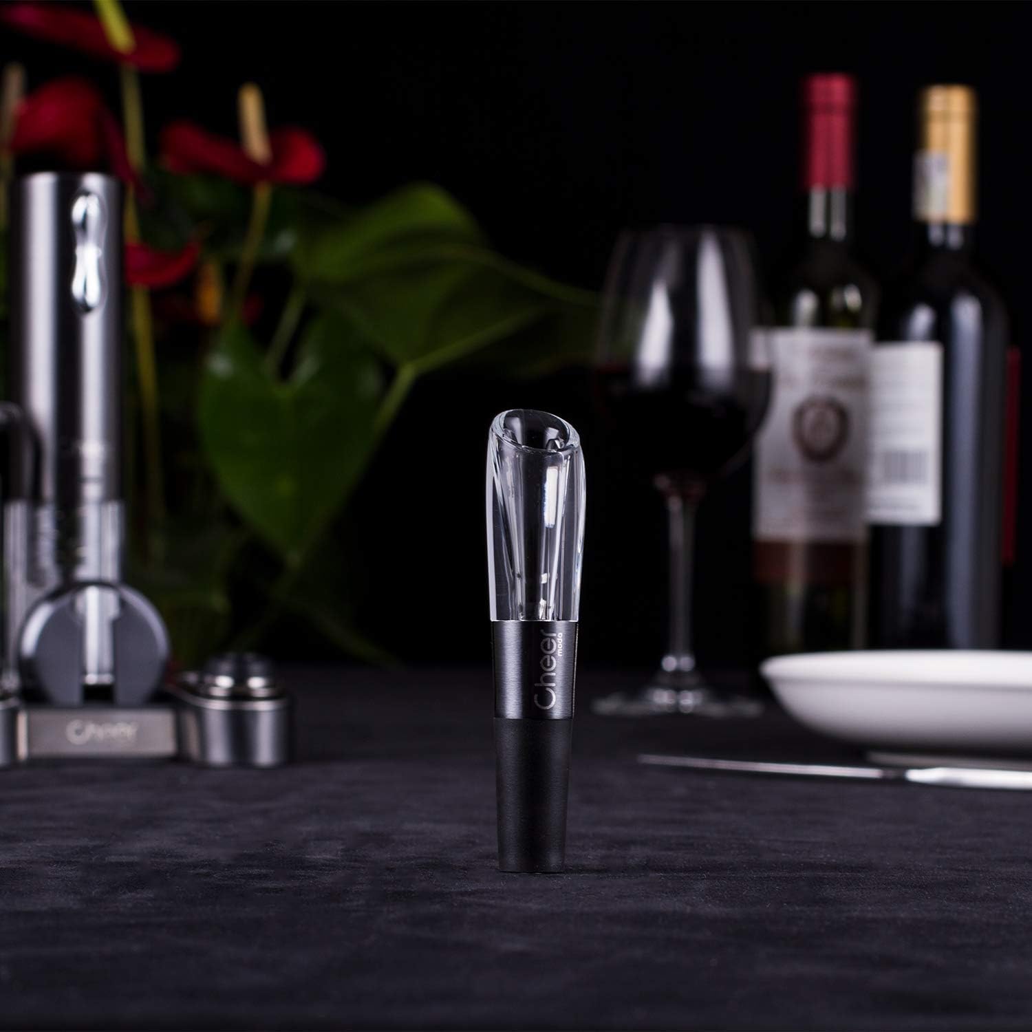 CHEER Wine Opener Gift Set,Gun Stainless Steel Electric Wine Opener, Wine Aerator, Vacuum Wine Preserver with 2 Bottle Stoppers, Foil Cutter and Charging Base - 6 In 1 Wine Accessories 7717-W102-069