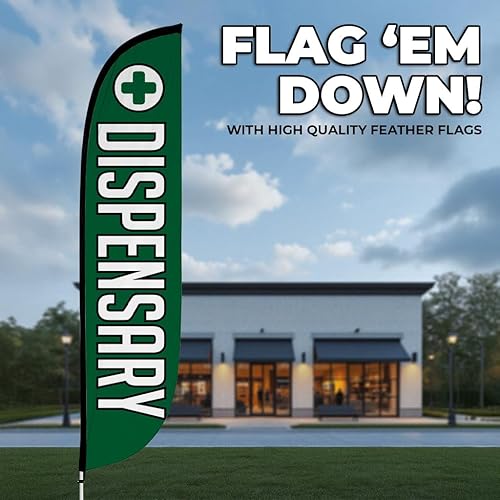 Miniatura 8 de LookOurWay Dispensario, Vape and Smoke Shop - Juego completo de bandera de plumas de 12 pies de alto, con postes y picos de tierra