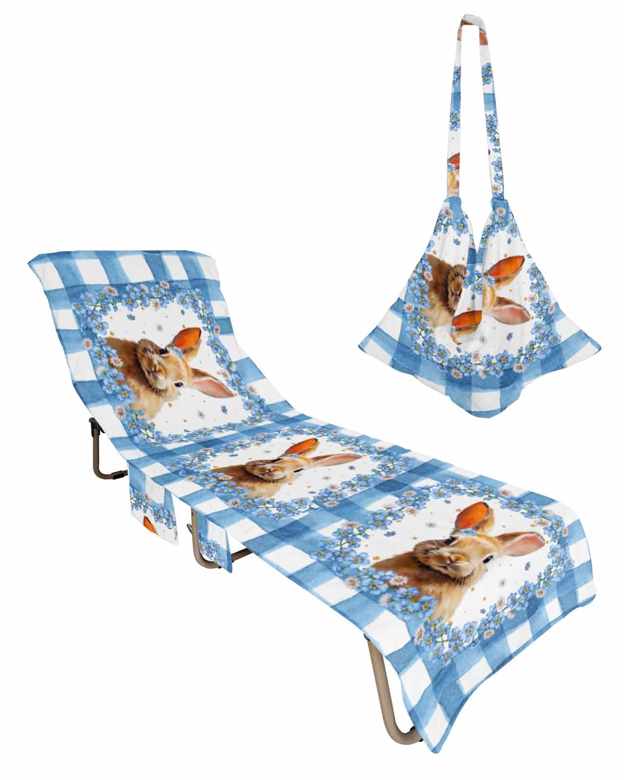 Easter Bunny Beach Chair Towel Covers for Chaise Lounge with Side Pocket, Soft Plush Pool Towels Cover for Patio Sunbathing Outdoor 29''x85'' Easter Rabbit Blue Flower Buffalo Plaid