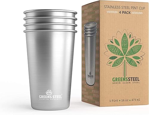 Greens Steel - Vasos de acero inoxidable de alta calidad de 16 onzas paquete de 4 vasos de metal de alta calidad taza apilable y duradera