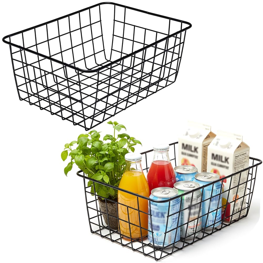 Kitchen Wire Baskets Farmhouse Decor Metal Food Storage Organizer, Household Refrigerator Bin with Built-in Handles for Cabinets,Pantry Set of 2 Black
