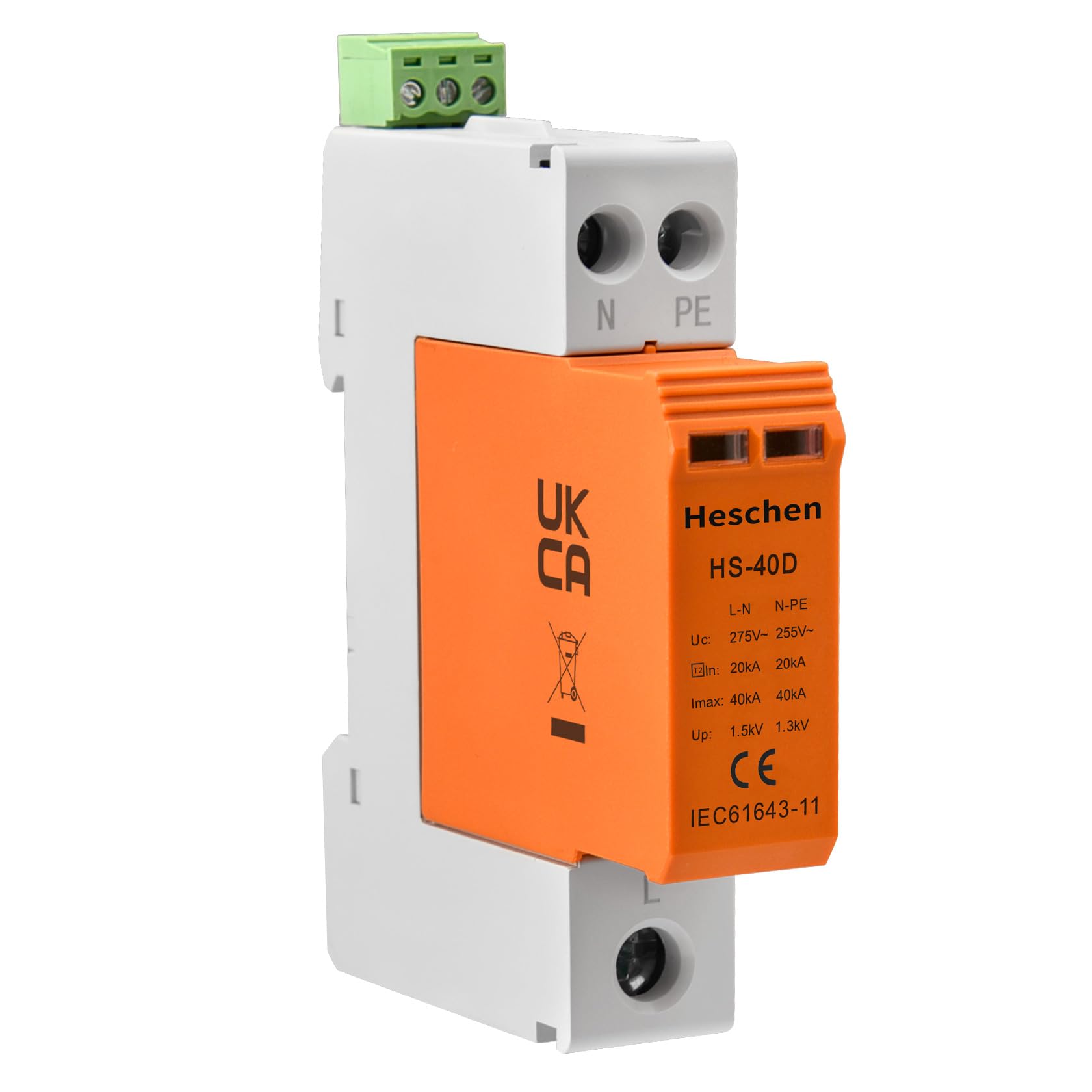 Heschen HS-40D SPD Dispositivo di Protezione Sovratensione 275VAC 20KA 1+NPE L-Line Down Ignifugo Guida DIN 35mm