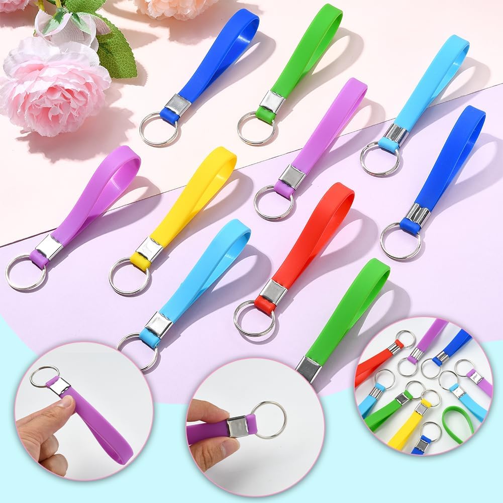 SUNNYCLUE 20Pcs Wrist Strap Keychain Wristlet Key Chain Bulk Random Colorful Resin Soft Lightweight Belt Blank Hand Keyring Holder with Iron Ring for DIY Crafting Bag Wallet Cellphone Accessories