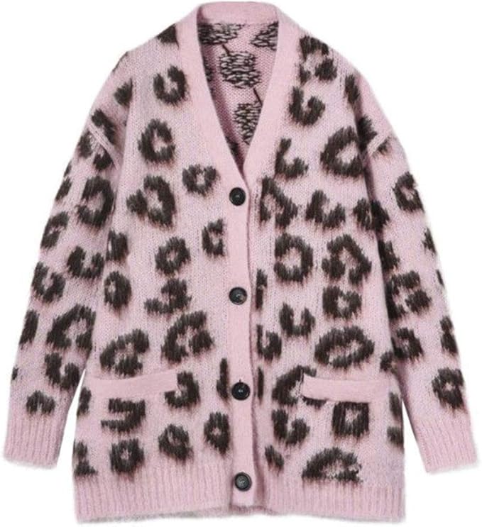 Amazon ユリカー ヒョウ柄 カーディガン ニット レディースセーター コート ジャケット ロング丈 カジュアル かわいい ファッション コーディネート ピンクf カーディガン ボレロ 通販