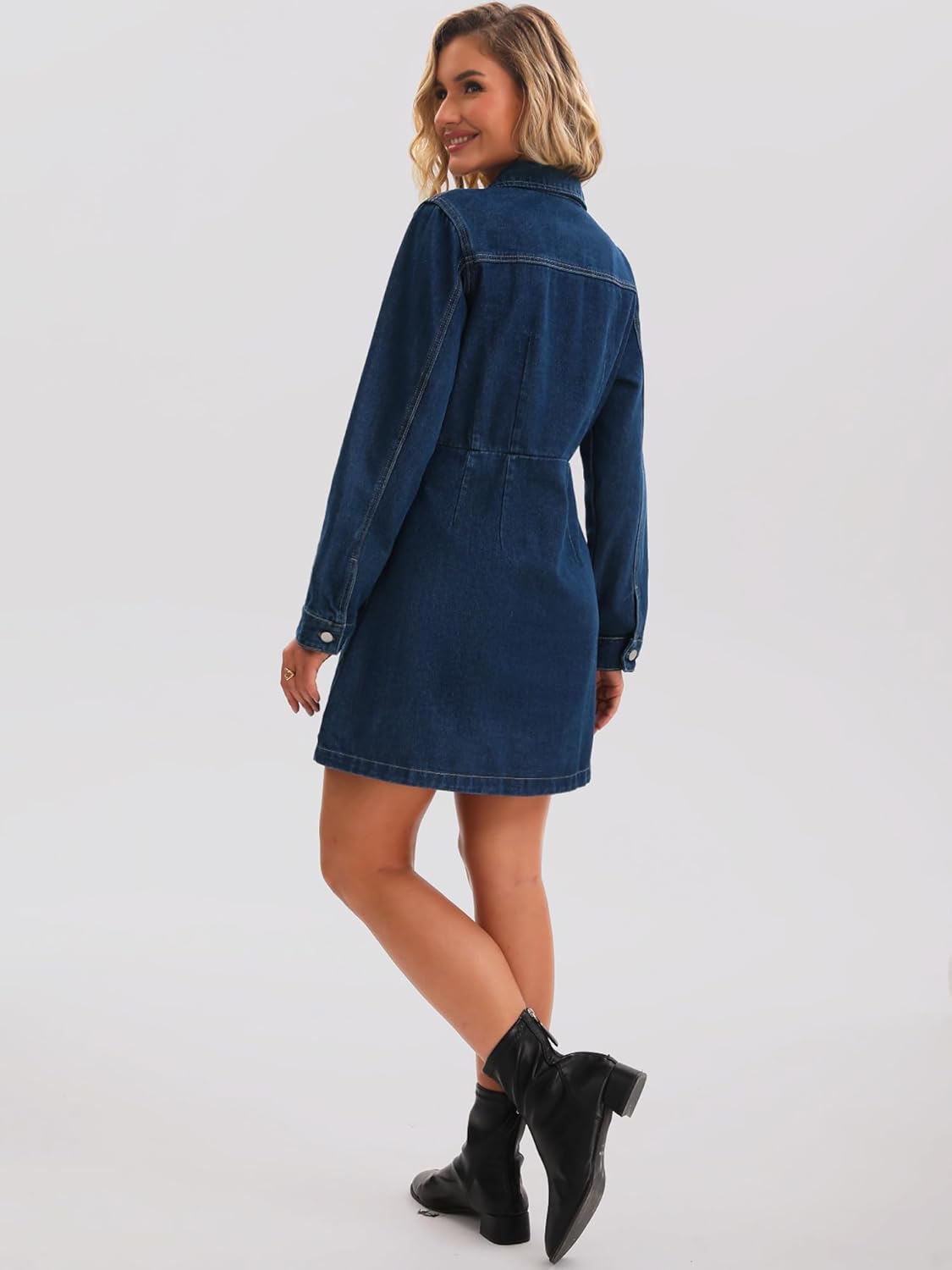 Women's Denim Mini Dress Button Down Collared Long Sleeve A-Line Jean Dresses - Image 4