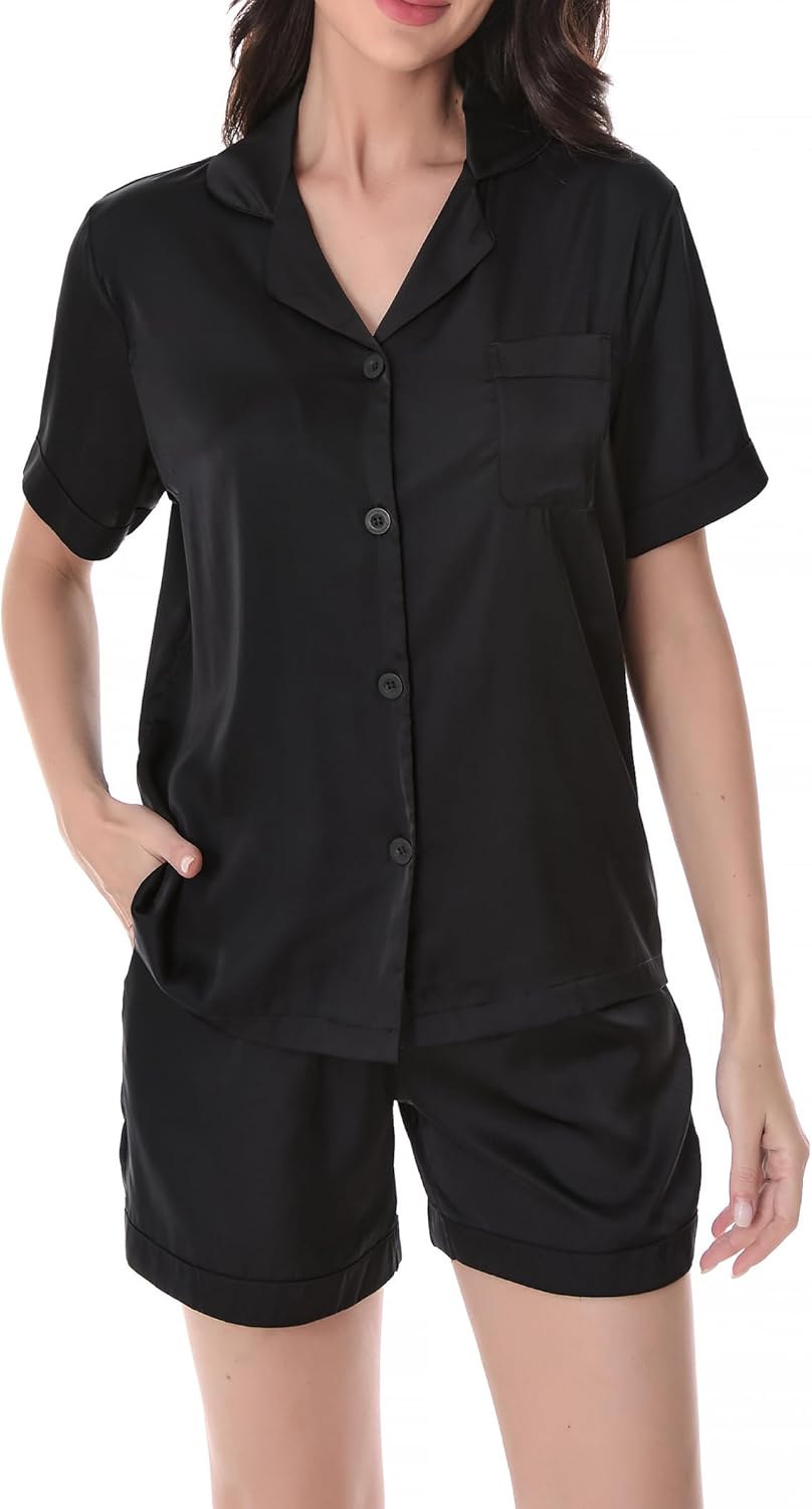 DAVID ARCHY Satin Pajama Set for Women 2 Piece Soft Summer Sleepwear Short Sleeve Button Down Top Shorts Silky Lightweight Pj